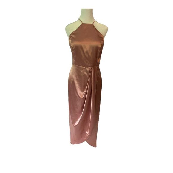 Norstrom After Six 6829 Midi Halter Dress Draped Prom Size 14 Dessert Rose - Picture 2 of 12